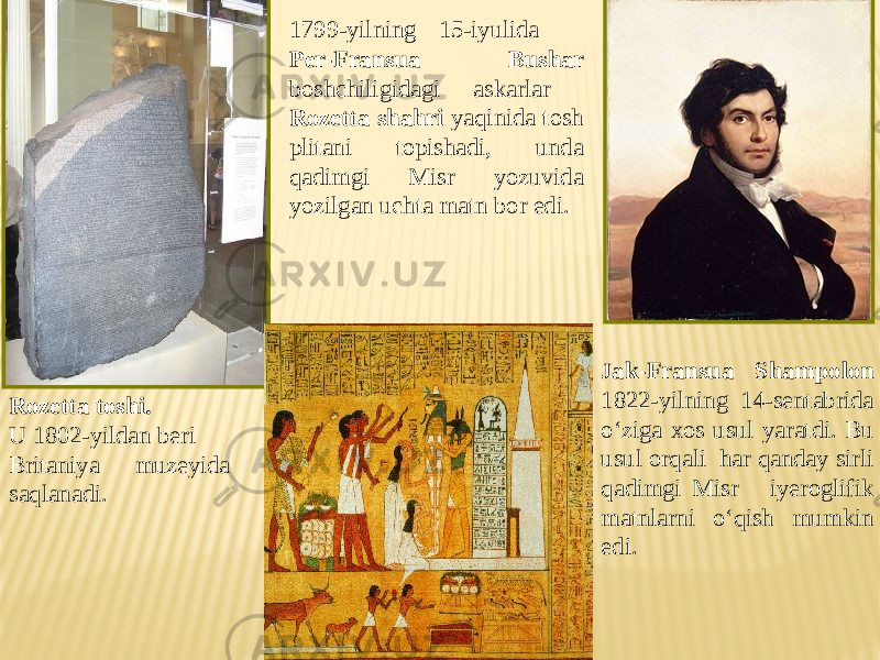 1799-yilning 15-iyulida Per-Fransua Bushar boshchiligidagi askarlar Rozetta shahri yaqinida tosh plitani topishadi, unda qadimgi Misr yozuvida yozilgan uchta matn bor edi. Rozetta toshi. U 1802-yildan beri Britaniya muzeyida saqlanadi. J ak-Fransua Shampolon 1822-yilning 14-sentabrida o‘ziga xos usul yaratdi. Bu usul orqali har qanday sirli qadimgi Misr iyeroglifik matnlarni o‘qish mumkin edi. 