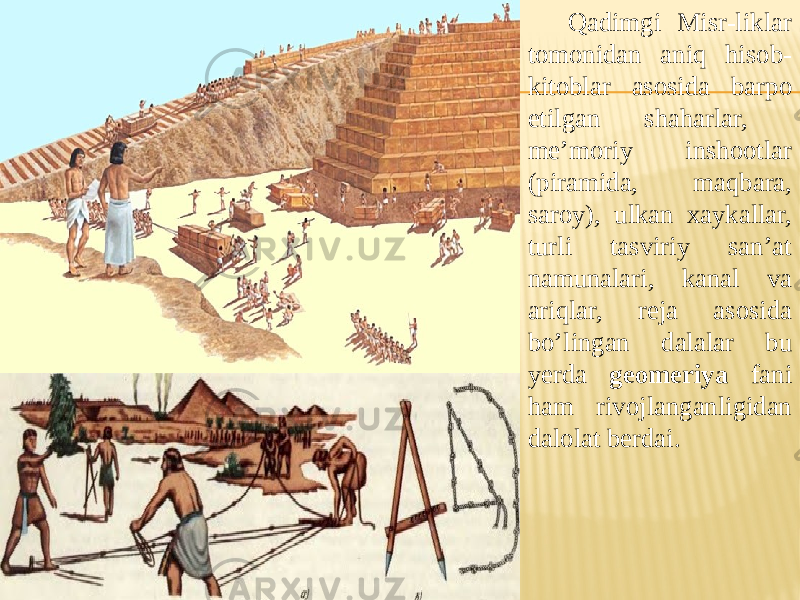 Qadimgi Misr-liklar tomonidan aniq hisob- kitoblar asosida barpo etilgan shaharlar, me’moriy inshootlar (piramida, maqbara, saroy), ulkan xaykallar, turli tasviriy san’at namunalari, kanal va ariqlar, reja asosida bo’lingan dalalar bu yerda geomeriya fani ham rivojlanganligidan dalolat berdai. 