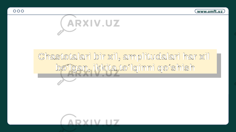 www.umft.uz Chastotalari bir xil, amplitudalari har xil bo‘lgan, ikkita to‘lqinni qo‘shish30 2D1B 