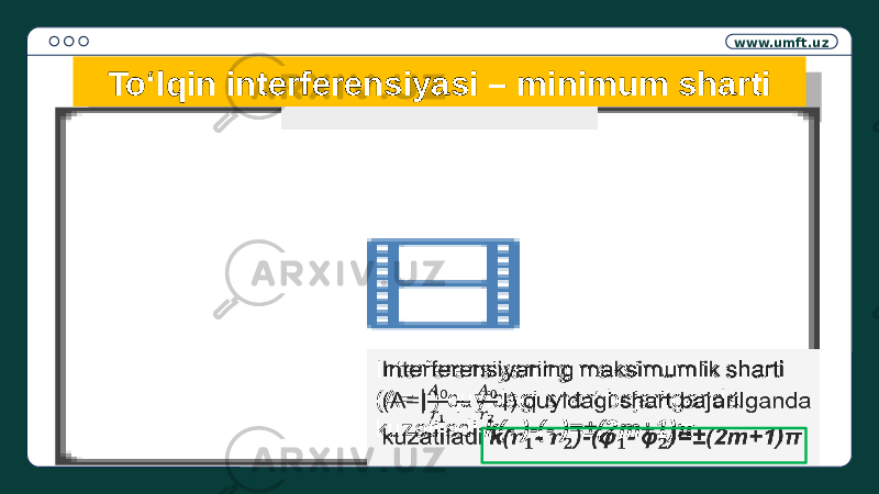 www.umft.uz To‘lqin interferensiyasi – minimum sharti Interferensiyaning maksimumlik sharti (A= ) quyidagi shart bajarilganda ∣ kuzatiladi k(- )-(- )=±(2m+1)π 01 