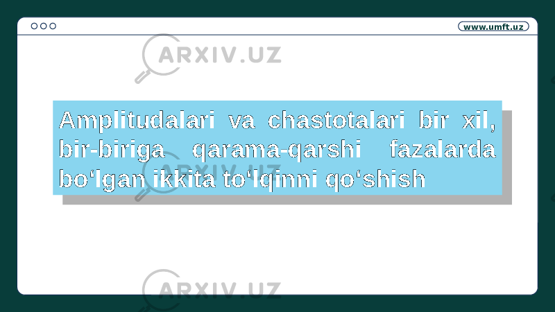 www.umft.uz Amplitudalari va chastotalari bir xil, bir-biriga qarama-qarshi fazalarda bo‘lgan ikkita to‘lqinni qo‘shish0829 2D 2D 