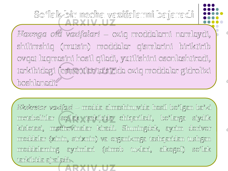 So‘lak bir necha vazifalarni bajaradi Hazmga oid vazifalari – oziq moddalarni namlaydi, shilimshiq (mutsin) moddalar qismlarini biriktirib ovqat luqmasini hosil qiladi, yutilishini osonlashtiradi, tarkibidagi fermentlar ta’sirida oziq moddalar gidrolizi boshlanadi. Ekskretor vazifasi – modda almashinuvida hosil bo’lgan ba’zi metabolitlar so‘lak tarkibida chiqariladi, bo’larga siydik kislotasi, mochevinalar kiradi. Shuningdek, ayrim dorivor moddalar (xinin, strixnin) va organizmga tashqaridan tushgan moddalarning ayrimlari (simob tuzlari, alkogol) so‘lak tarkibida ajraladi. 