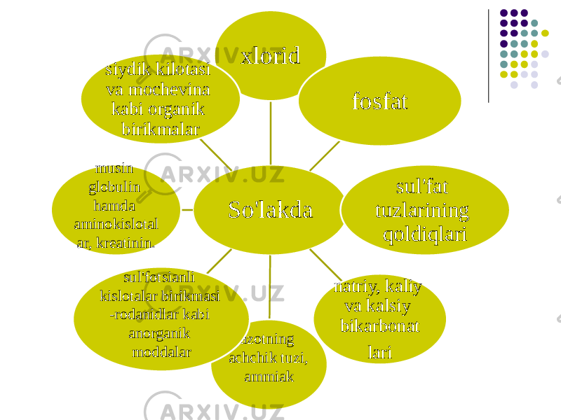 So&#39;lakda xlorid fosfat sul&#39;fat tuzlarining qoldiqlari natriy, kaliy va kalsiy bikarbonat lariazotning achchik tuzi, ammiaksul&#39;fotsianli kislotalar birikmasi -rodanidlar kabi anorganik moddalarmusin globulin hamda aminokislotal ar, kreatinin. siydik kilotasi va mochevina kabi organik birikmalar 