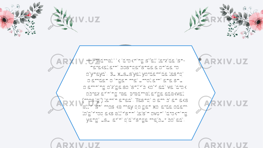 DesignBusiness Lorem Ipsum has two main data statistical important.➖ Predmetlilik idrokning sifati tarzida ish- harakatlarni boshqarishda alohida rol o‘ynaydi. Bu xususiyat yordamida tashqi olamdan olingan ma’lumotlarni ana shu olamning o‘ziga solishtirib ko‘riladi va idrok obrazlarining real predmetlariga adekvat (mosligi) taminlanadi. Tashqi olam bilan aks ettirilishi mos kelmay qolgan xollarda odam to‘g‘riroq aks ettirishni ta’sinlovchi idrokning yangi usullarini qidirishga majbur bo‘ladi. 