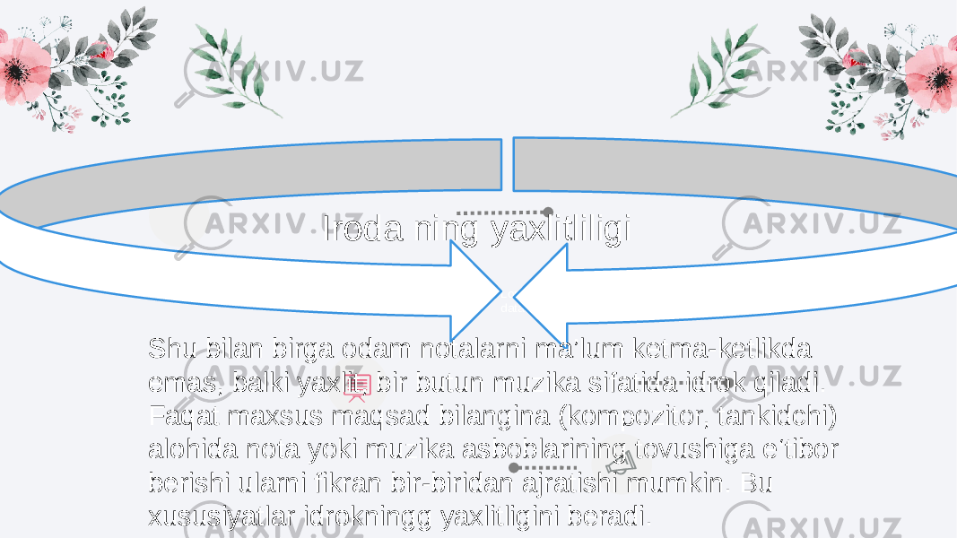 Lorem Ipsum has two main data statistical important.Iroda ning yaxlitliligi Shu bilan birga odam notalarni ma’lum ketma-ketlikda emas, balki yaxlit, bir butun muzika sifatida idrok qiladi. Faqat maxsus maqsad bilangina (kompozitor, tankidchi) alohida nota yoki muzika asboblarining tovushiga e‘tibor berishi ularni fikran bir-biridan ajratishi mumkin. Bu xususiyatlar idrokningg yaxlitligini beradi. 