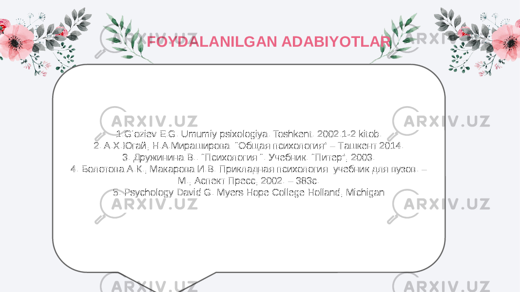 Title text Title textFOYDALANILGAN ADABIYOTLAR 1.G‘oziev E.G. Umumiy psixologiya. Toshkent. 2002.1-2 kitob. 2. A.X.Югай, Н.А.Мираширова “Общая психология” – Tашкент 2014. 3. Дружинина В.. “Психология “. Учебник. “Питер”, 2003. 4. Болотова А.К., Макарова И.В. Прикладная психология: учебник для вузов. – М., Аспект Пресс, 2002. – 383с. 5. Psychology David G. Myers Hope College Holland, Michigan 