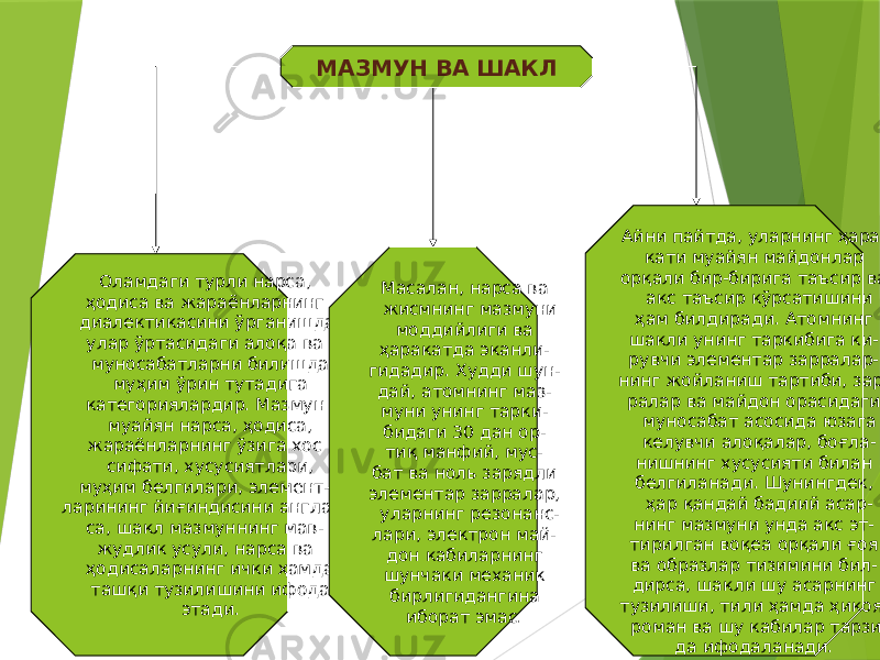 17МАЗМУН ВА ШАКЛ Оламдаги турли нарса, ҳодиса ва жараёнларнинг диалектикасини ўрганишда, улар ўртасидаги алоқа ва муносабатларни билишда муҳим ўрин тутадига категориялардир. Мазмун муайян нарса, ҳодиса, жараёнларнинг ўзига хос сифати, хусусиятлари, муҳим белгилари, элемент- ларининг йиғиндисини англат- са, шакл мазмуннинг мав- жудлик усули, нарса ва ҳодисаларнинг ички ҳамда ташқи тузилишини ифода этади. Масалан, нарса ва жисмнинг мазмуни моддийлиги ва ҳаракатда эканли- гидадир. Худди шун- дай, атомнинг маз- муни унинг тарки- бидаги 30 дан ор- тиқ манфий, мус- бат ва ноль зарядли элементар зарралар, уларнинг резонанс- лари, электрон май- дон кабиларнинг шунчаки механик бирлигидангина иборат эмас. Айни пайтда, уларнинг ҳара- кати муайян майдонлар орқали бир-бирига таъсир ва акс таъсир кўрсатишини ҳам билдиради. Атомнинг шакли унинг таркибига ки- рувчи элементар зарралар- нинг жойланиш тартиби, зар- ралар ва майдон орасидаги муносабат асосида юзага келувчи алоқалар, боғла- нишнинг хусусияти билан белгиланади. Шунингдек, ҳар қандай бадиий асар- нинг мазмуни унда акс эт- тирилган воқеа орқали ғоя ва образлар тизимини бил- дирса, шакли шу асарнинг тузилиши, тили ҳамда ҳикоя, роман ва шу кабилар тарзи- да ифодаланади. 