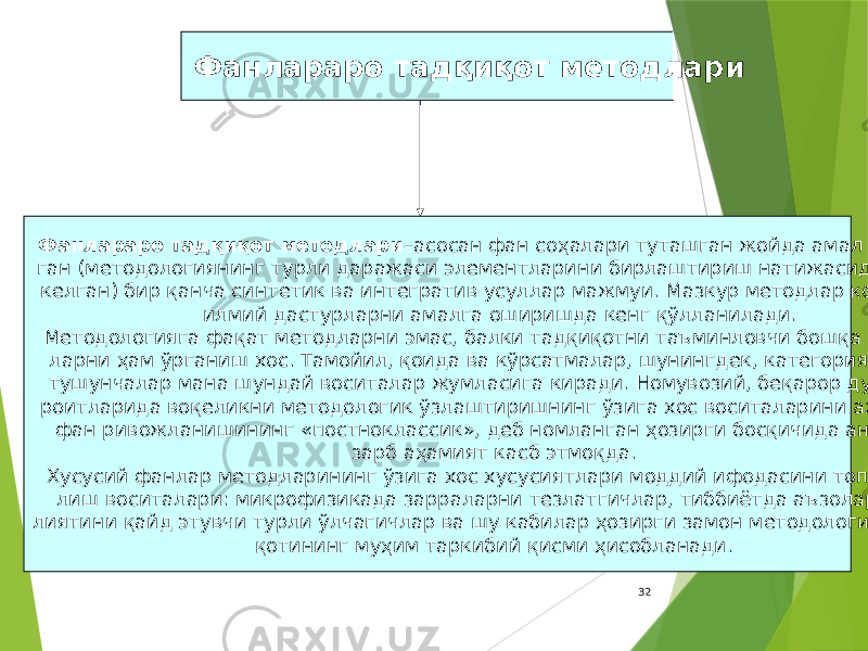 32Фанлараро тадқиқот методлари Фанлараро тадқиқот методлари –асосан фан соҳалари туташган жойда амал қилади- ган (методологиянинг турли даражаси элементларини бирлаштириш натижасида юзага келган) бир қанча синтетик ва интегратив усуллар мажмуи. Мазкур методлар комплекс илмий дастурларни амалга оширишда кенг қўлланилади. Методологияга фақат методларни эмас, балки тадқиқотни таъминловчи бошқа восита- ларни ҳам ўрганиш хос. Тамойил, қоида ва кўрсатмалар, шунингдек, категория ҳамда тушунчалар мана шундай воситалар жумласига киради. Номувозий, беқарор дунё ша- роитларида воқеликни методологик ўзлаштиришнинг ўзига хос воситаларини ажратиш фан ривожланишининг «постноклассик», деб номланган ҳозирги босқичида анча дол- зарб аҳамият касб этмоқда. Хусусий фанлар методларининг ўзига хос хусусиятлари моддий ифодасини топган би- лиш воситалари: микрофизикада зарраларни тезлатгичлар, тиббиётда аъзолар фао- лиятини қайд этувчи турли ўлчагичлар ва шу кабилар ҳозирги замон методологик тадқи- қотининг муҳим таркибий қисми ҳисобланади. 