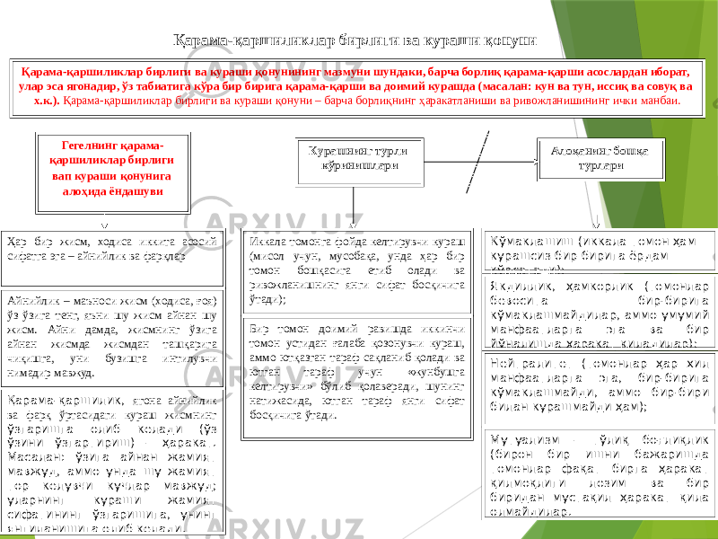 4Қ арама-қаршиликлар бирлиги ва кураши қонунининг мазмуни шундаки, барча борлиқ қарама-қарши асослардан иборат, улар эса ягонадир, ўз табиатига кўра бир бирига қарама-қарши ва доимий курашда (масалан: кун ва тун, иссиқ ва совуқ ва х.к.). Қарама-қаршиликлар бирлиги ва кураши қонуни – барча борлиқнинг ҳаракатланиши ва ривожланишининг ички манбаи. Гегелнинг қарама- қаршиликлар бирлиги вап кураши қонунига алоҳида ёндашуви Ҳар бир жисм, ходиса иккита асосий сифатга эга – айнийлик ва фарқлар Айнийлик – маъноси жисм (ходиса, ғоя) ўз ўзига тенг, яъни шу жисм айнан шу жисм. Айни дамда, жисмнинг ўзига айнан жисмда жисмдан ташқарига чиқишга, уни бузишга интилувчи нимадир мавжуд. Қарама-қаршилик, ягона айнийлик ва фарқ ўртасидаги кураш жисмнинг ўзгаришга олиб келади (ўз ўзини ўзгартириш) – ҳаракат. Масалан: ўзига айнан жамият мавжуд, аммо унда шу жамият тор келувчи кучлар мавжуд; уларнинг кураши жамият сифатининг ўзгаришига, унинг янгиланишига олиб келади. К урашнинг турли кўринишлари И ккала томонга фойда келтирувчи кураш (мисол учун, мусобақа, унда ҳар бир томон бошқасига етиб олади ва ривожланишнинг янги сифат босқичига ўтади); Бир томон доимий равишда иккинчи томон устидан ғалаба қозонувчи кураш, аммо ютқазган тараф сақланиб қолади ва ютган тараф учун «жунбушга келтирувчи» бўлиб қолаверади, шунинг натижасида, ютган тараф янги сифат босқичига ўтади. Алоқанинг бошқа турлари Кўмаклашиш (иккала томон ҳам курашсиз бир бирига ёрдам кўрсатади); Якдиллик, ҳамкорлик (томонлар бевосита бир-бирига кўмаклашмайдилар, аммо умумий манфаатларга эга ва бир йўналишда ҳаракат қиладилар); Нейтралитет (томонлар ҳар хил манфаатларга эга, бир-бирига кўмаклашмайди, аммо бир-бири билан курашмайди ҳам); Мутуализм – тўлиқ боғлиқлик (бирон бир ишни бажаришда томонлар фақат бирга ҳаракат қилмоқлиги лозим ва бир биридан мустақил ҳаракат қила олмайдилар.Қ арама-қаршиликлар бирлиги ва кураши қонуни 