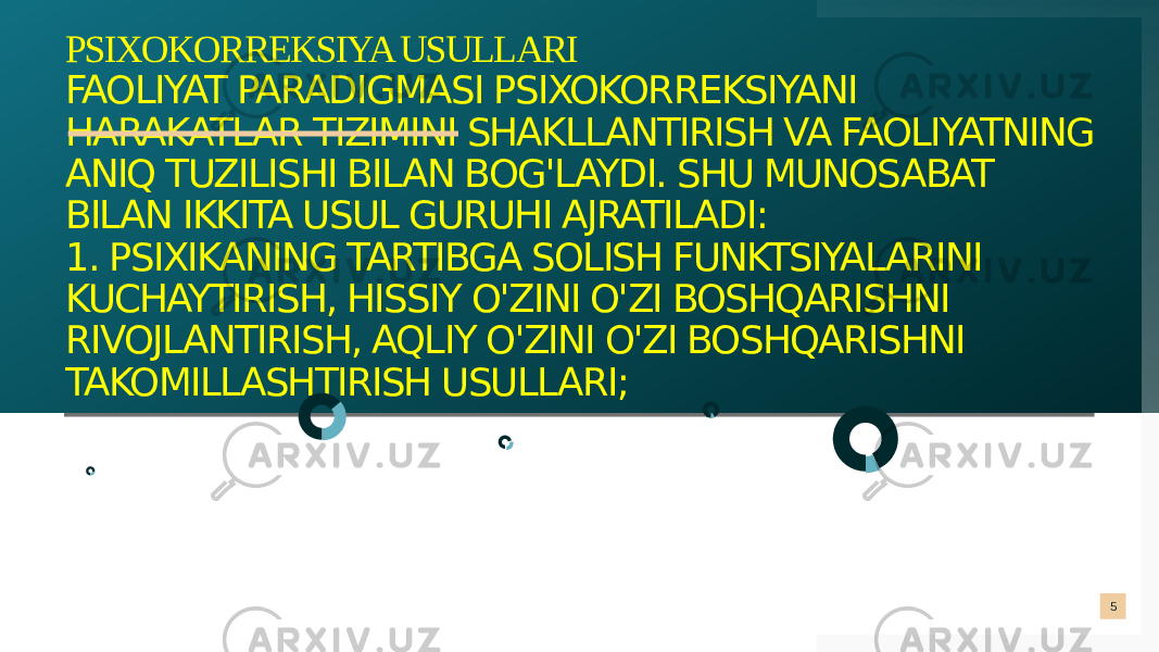 PSIXOKORREKSIYA USULLARI FAOLIYAT PARADIGMASI PSIXOKORREKSIYANI HARAKATLAR TIZIMINI SHAKLLANTIRISH VA FAOLIYATNING ANIQ TUZILISHI BILAN BOG&#39;LAYDI. SHU MUNOSABAT BILAN IKKITA USUL GURUHI AJRATILADI: 1. PSIXIKANING TARTIBGA SOLISH FUNKTSIYALARINI KUCHAYTIRISH, HISSIY O&#39;ZINI O&#39;ZI BOSHQARISHNI RIVOJLANTIRISH, AQLIY O&#39;ZINI O&#39;ZI BOSHQARISHNI TAKOMILLASHTIRISH USULLARI; 5 