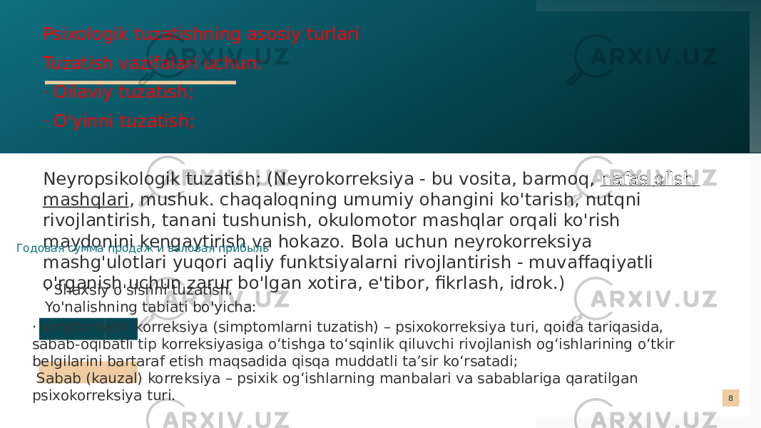 8Psixologik tuzatishning asosiy turlari Tuzatish vazifalari uchun: · Oilaviy tuzatish; · O&#39;yinni tuzatish; Neyropsikologik tuzatish; (Neyrokorreksiya - bu vosita, barmoq,  nafas olish mashqlari , mushuk. chaqaloqning umumiy ohangini ko&#39;tarish, nutqni rivojlantirish, tanani tushunish, okulomotor mashqlar orqali ko&#39;rish maydonini kengaytirish va hokazo. Bola uchun neyrokorreksiya mashg&#39;ulotlari yuqori aqliy funktsiyalarni rivojlantirish - muvaffaqiyatli o&#39;rganish uchun zarur bo&#39;lgan xotira, e&#39;tibor, fikrlash, idrok.)Годовая сумма продаж и валовая прибыль · Shaxsiy o&#39;sishni tuzatish. Yo&#39;nalishning tabiati bo&#39;yicha: · simptomatik korreksiya (simptomlarni tuzatish) – psixokorreksiya turi, qoida tariqasida, sabab-oqibatli tip korreksiyasiga o‘tishga to‘sqinlik qiluvchi rivojlanish og‘ishlarining o‘tkir belgilarini bartaraf etish maqsadida qisqa muddatli ta’sir ko‘rsatadi; Sabab (kauzal) korreksiya – psixik og‘ishlarning manbalari va sabablariga qaratilgan psixokorreksiya turi. 