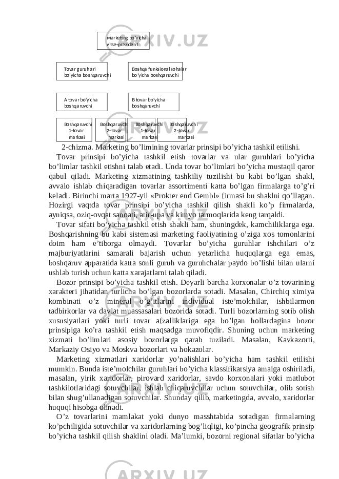 2-chizma. Marketing bo’limining tovarlar prinsipi bo’yicha tashkil etilishi. Tovar prinsipi bo’yicha tashkil etish tovarlar va ular guruhlari bo’yicha bo’limlar tashkil etishni talab etadi. Unda tovar bo’limlari bo’yicha mustaqil qaror qabul qiladi. Marketing xizmatining tashkiliy tuzilishi bu kabi bo’lgan shakl, avvalo ishlab chiqaradigan tovarlar assortimenti katta bo’lgan firmalarga to’g’ri keladi. Birinchi marta 1927-yil «Prokter end Gembl» firmasi bu shaklni qo’llagan. Hozirgi vaqtda tovar prinsipi bo’yicha tashkil qilish shakli ko’p firmalarda, ayniqsa, oziq-ovqat sanoati, atir-upa va kimyo tarmoqlarida keng tarqaldi. Tovar sifati bo’yicha tashkil etish shakli ham, shuningdek, kamchiliklarga ega. Boshqarishning bu kabi sistemasi marketing faoliyatining o’ziga xos tomonlarini doim ham e’tiborga olmaydi. Tovarlar bo’yicha guruhlar ishchilari o’z majburiyatlarini samarali bajarish uchun yetarlicha huquqlarga ega emas, boshqaruv apparatida katta sonli guruh va guruhchalar paydo bo’lishi bilan ularni ushlab turish uchun katta xarajatlarni talab qiladi. Bozor prinsipi bo’yicha tashkil etish. Deyarli barcha korxonalar o’z tovarining xarakteri jihatidan turlicha bo’lgan bozorlarda sotadi. Masalan, Chirchiq ximiya kombinati o’z mineral o’g’itlarini individual iste’molchilar, ishbilarmon tadbirkorlar va davlat muassasalari bozorida sotadi. Turli bozorlarning sotib olish xususiyatlari yoki turli tovar afzalliklariga ega bo’lgan hollardagina bozor prinsipiga ko’ra tashkil etish maqsadga muvofiqdir. Shuning uchun marketing xizmati bo’limlari asosiy bozorlarga qarab tuziladi. Masalan, Kavkazorti, Markaziy Osiyo va Moskva bozorlari va hokazolar. Marketing xizmatlari xaridorlar yo’nalishlari bo’yicha ham tashkil etilishi mumkin. Bunda iste’molchilar guruhlari bo’yicha klassifikatsiya amalga oshiriladi, masalan, yirik xaridorlar, pirovard xaridorlar, savdo korxonalari yoki matlubot tashkilotlaridagi sotuvchilar, ishlab chiqaruvchilar uchun sotuvchilar, olib sotish bilan shug’ullanadigan sotuvchilar. Shunday qilib, marketingda, avvalo, xaridorlar huquqi hisobga olinadi. O’z tovarlarini mamlakat yoki dunyo masshtabida sotadigan firmalarning ko’pchiligida sotuvchilar va xaridorlarning bog’liqligi, ko’pincha geografik prinsip bo’yicha tashkil qilish shaklini oladi. Ma’lumki, bozorni regional sifatlar bo’yicha Marketing bo‘yicha vitse-prezident Tovar guruhlari Boshqa funksional sohalar bo‘yicha boshqaruvchi bo‘yicha boshqaruvchi A tovar bo‘yicha B tovar bo‘yicha boshqaruvchi boshqaruvchi Boshqaruvchi Boshqaruvchi Boshqaruvchi Boshqaruvchi 1-tovar 2-tovar 1-tovar 2-tovar markasi markasi markasi markasi 