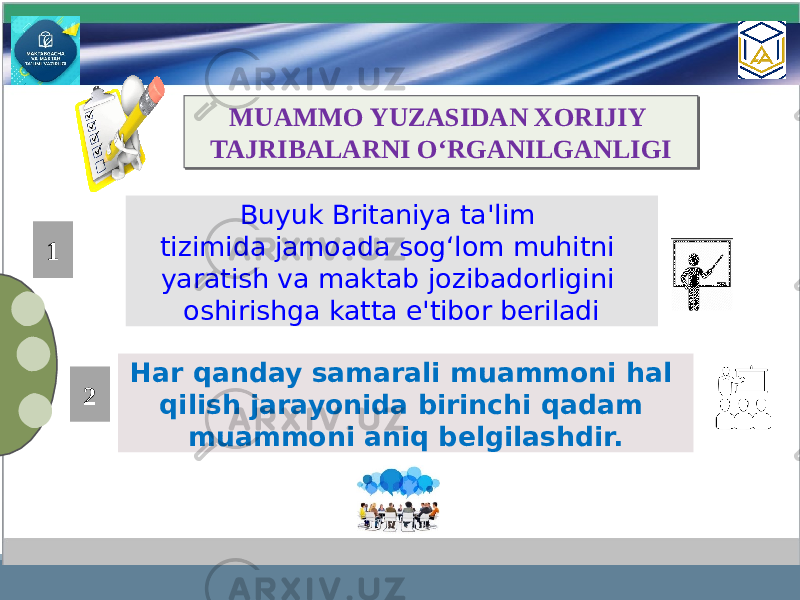 MUAMMO YUZASIDAN XORIJIY TAJRIBALARNI O‘RGANILGANLIGI Har qanday samarali muammoni hal qilish jarayonida birinchi qadam muammoni aniq belgilashdir. Buyuk Britaniya ta&#39;lim tizimida jamoada sog‘lom muhitni yaratish va maktab jozibadorligini oshirishga katta e&#39;tibor beriladi1 217 36 01 