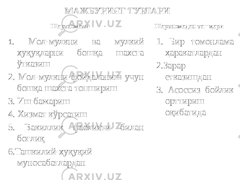 МАЖБУРИЯТ ТУРЛАРИ Шартномали 1 . Мол-мулкни ва мулкий ҳуқуқларни бошқа шахсга ўтказиш 2. Мол-мулкни фойдаланиш учун бошқа шахсга топшириш 3. Иш бажариш 4. Хизмат кўрсатиш 5. Вакиллик фаолияти билан боғлиқ 6.Ташкилий-ҳуқуқий муносабатлардан Шартномадан ташқари 1. Бир томонлама ҳаракатлардан 2.Зарар етказишдан 3. Асоссиз бойлик орттириш оқибатида 