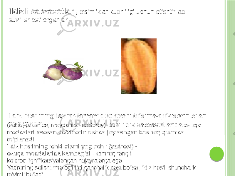 Ildizli sabzavotlar , o&#39;simliklar kuchliligi uchun etishtiriladi suvli er osti organlari. Ildiz hosilining tashqi tomoni qoplovchi to&#39;qima-qo&#39;ziqorin bilan qoplangan (sabzi, parsnips, maydanoz, selderey) kabi ildiz sabzavotlarida ozuqa moddalari asosan qo&#39;ziqorin ostida joylashgan boshoq qismida to&#39;planadi. Ildiz hosilining ichki qismi yog&#39;ochli (yadrosi) - ozuqa moddalarida kambag&#39;al , kamroq rangli, ko&#39;proq lignifikatsiyalangan hujayralarga ega. Yadroning solishtirma og&#39;irligi qanchalik past bo&#39;lsa, ildiz hosili shunchalik to&#39;yimli bo&#39;ladi. 