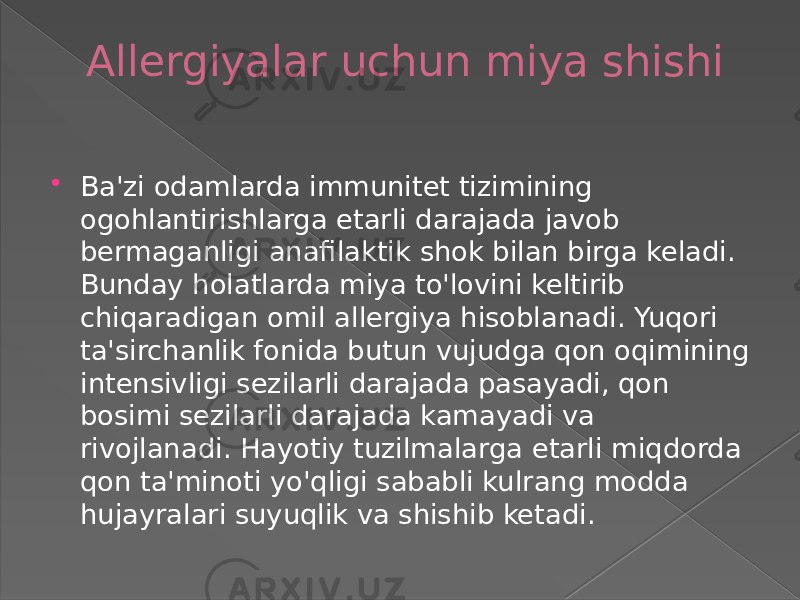 Allergiyalar uchun miya shishi  Ba&#39;zi odamlarda immunitet tizimining ogohlantirishlarga etarli darajada javob bermaganligi anafilaktik shok bilan birga keladi. Bunday holatlarda miya to&#39;lovini keltirib chiqaradigan omil allergiya hisoblanadi. Yuqori ta&#39;sirchanlik fonida butun vujudga qon oqimining intensivligi sezilarli darajada pasayadi, qon bosimi sezilarli darajada kamayadi va rivojlanadi. Hayotiy tuzilmalarga etarli miqdorda qon ta&#39;minoti yo&#39;qligi sababli kulrang modda hujayralari suyuqlik va shishib ketadi. 