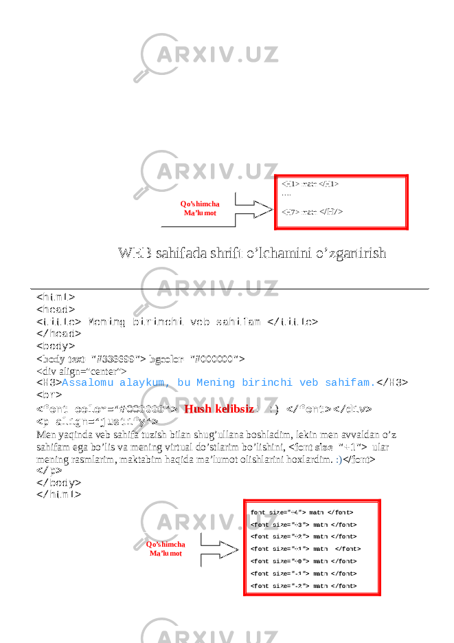 WEB sahifada shrift o’lchamini o’zgartirish <H1> matn </H1> …. <H7> matn </H7>Qo’shimcha Ma’lumot <html> <head> <title> Mening birinchi veb sahifam </title> </head> <body> <body text=&#34;#336699&#34;> bgcolor=&#34;#000000&#34;> <div align=&#34;center&#34;> <H3> Assalomu alaykum, bu Mening birinchi veb sahifam. </H3> <br> <font color=&#34;#CC0000&#34;> Hush kelibsiz ! :) </font> </div> <p align=&#34;justify&#34;> Men yaqinda veb sahifa tuzish bilan shug’ullana boshladim, lekin men avvaldan o’z sahifam ega bo’lis va mening virtual do’stlarim bo’lishini, <font size=&#34;+1&#34;> ular mening rasmlarim, maktabim haqida ma’lumot olishlarini hoxlardim. :) </font> </p> </body> </html> font size=&#34;+4&#34;> matn </font> <font size=&#34;+3&#34;> matn </font> <font size=&#34;+2&#34;> matn </font> <font size=&#34;+1&#34;> matn </font> <font size=&#34;+0&#34;> matn </font> <font size=&#34;-1&#34;> matn </font> <font size=&#34;-2&#34;> matn </font>Qo’shimcha Ma’lumot 