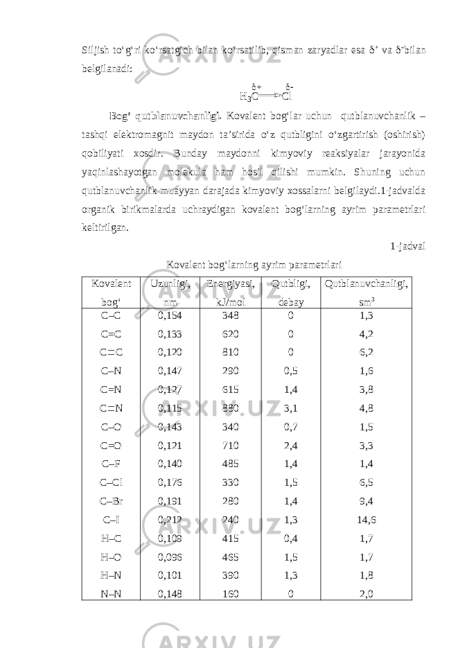 Siljish to‘g‘ri ko‘rsatgich bilan ko‘rsatilib, qisman zaryadlar esa  + va  – bilan belgilanadi:H3C Cl +  Bog‘ qutblanuvchanligi. Kovalent bog‘lar uchun qutblanuvchanlik – tashqi elektromagnit maydon ta’sirida o‘z qutbligini o‘zgartirish (oshirish) qobiliyati xosdir. Bunday maydonni kimyoviy reaksiyalar jarayonida yaqinlashayotgan molekula ham hosil qilishi mumkin. Shuning uchun qutblanuvchanlik muayyan darajada kimyoviy xossalarni belgilaydi.1-jadvalda organik birikmalarda uchraydigan kovalent bog‘larning ayrim parametrlari keltirilgan. 1-jadval Kovalent bo g‘larning ayrim parametrlari Kovalent bog‘ Uzunligi, nm Energiyasi , kJ/mol Qutbligi, debay Qutblanuvchanligi, sm 3 C–C C=C C  C C–N C=N C  N C–O C=O C–F C–Cl C–Br C–I H–C H–O H–N N–N 0,154 0,133 0,120 0,147 0,127 0,115 0,143 0,121 0,140 0,176 0,191 0,212 0,109 0,096 0,101 0,148 348 620 810 290 615 880 340 710 485 330 280 240 415 465 390 160 0 0 0 0,5 1,4 3,1 0,7 2,4 1,4 1,5 1,4 1,3 0,4 1,5 1,3 0 1,3 4,2 6,2 1,6 3,8 4,8 1,5 3,3 1,4 6,5 9,4 14,6 1,7 1,7 1,8 2,0 