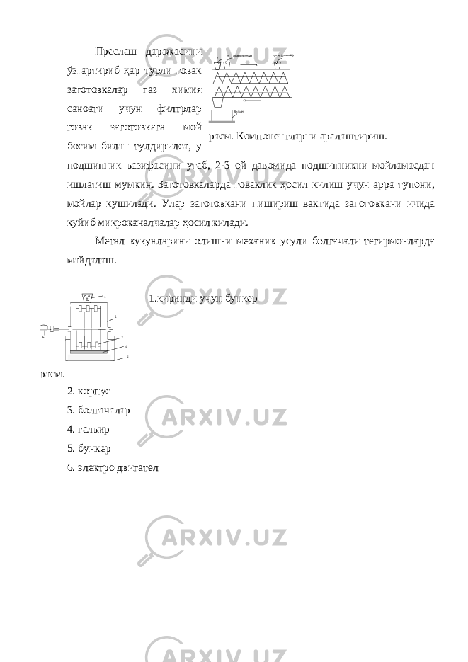 Преслаш даражасини ўзгартириб ҳар турли говак заготовкалар газ химия саноати учун филтрлар говак заготовкага мой босим билан тулдирилса, у подшипник вазифасини утаб, 2-3 ой давомида подшипникни мойламасдан ишлатиш мумкин. Заготовкаларда говаклик ҳосил килиш учун арра тупони, мойлар кушилади. Улар заготовкани пишириш вактида заготовкани ичида куйиб микроканалчалар ҳосил килади. Метал кукунларини олишни механик усули болгачали тегирмонларда майдалаш. 1.киринди учун бункер 2. корпус 3. болгачалар 4. галвир 5. бункер 6. электро двигателбункер I IIкомпонентлар тулдирувчилар расм. Компонентларни аралаштириш. 1 2 3 4 56 расм. 