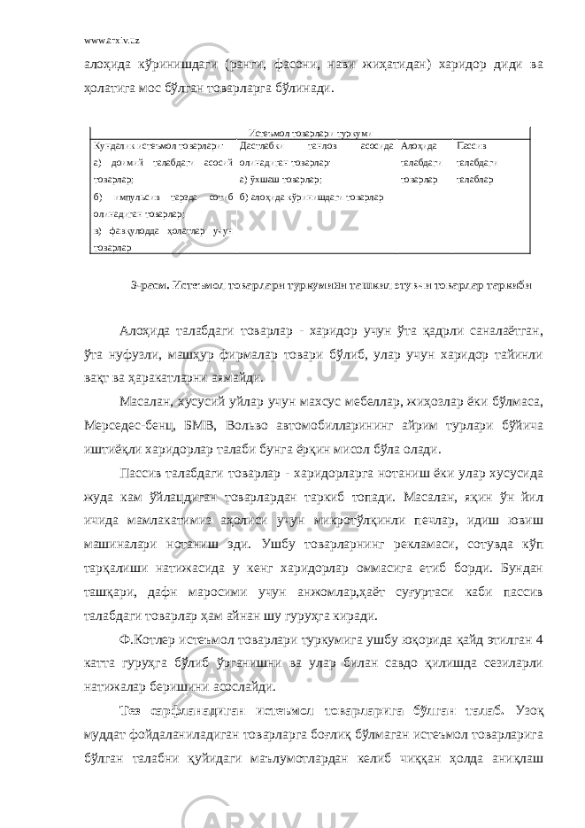 www.arxiv.uz алоҳида кўринишдаги (ранги, фасони, нави жиҳатидан) харидор диди ва ҳолатига мос бўлган товарларга бўлинади. Истеъмол товарлари туркуми Кундалик истеъмол товарлари: а) доимий талабдаги асосий товарлар; б) импульсив тарзда сотиб олинадиган товарлар; в) фавқулодда ҳолатлар учун товарлар Дастлабки танлов асосида олинадиган товарлар: а) ўхшаш товарлар; б) алоҳида кўринишдаги товарлар Алоҳида талабдаги товарлар Пассив талабдаги талаблар 3-расм. Истеъмол товарлари туркумини ташкил этувчи товарлар таркиби Алоҳида талабдаги товарлар - харидор учун ўта қадрли саналаётган, ўта нуфузли, машҳур фирмалар товари бўлиб, улар учун харидор тайинли вақт ва ҳаракатларни аямайди. Масалан, хусусий уйлар учун махсус мебеллар, жиҳозлар ёки бўлмаса, Мерседес-бенц, БМВ, Вольво автомобилларининг айрим турлари бўйича иштиёқли харидорлар талаби бунга ёрқин мисол бўла олади. Пассив талабдаги товарлар - харидорларга нотаниш ёки улар хусусида жуда кам ўйлацдиган товарлардан таркиб топади. Масалан, яқин ўн йил ичида мамлакатимиз аҳолиси учун микротўлқинли печлар, идиш ювиш машиналари нотаниш эди. Ушбу товарларнинг рекламаси, сотувда кўп тарқалиши натижасида у кенг харидорлар оммасига етиб борди. Бундан ташқари, дафн маросими учун анжомлар,ҳаёт суғуртаси каби пассив талабдаги товарлар ҳам айнан шу гуруҳга киради. Ф.Котлер истеъмол товарлари туркумига ушбу юқорида қайд этилган 4 катта гуруҳга бўлиб ўрганишни ва улар билан савдо қилишда сезиларли натижалар беришини асослайди. Тез сарфланадиган истеъмол товарларига бўлган талаб. Узоқ муддат фойдаланиладиган товарларга боғлиқ бўлмаган истеъмол товарларига бўлган талабни қуйидаги маълумотлардан келиб чиққан ҳолда аниқлаш 