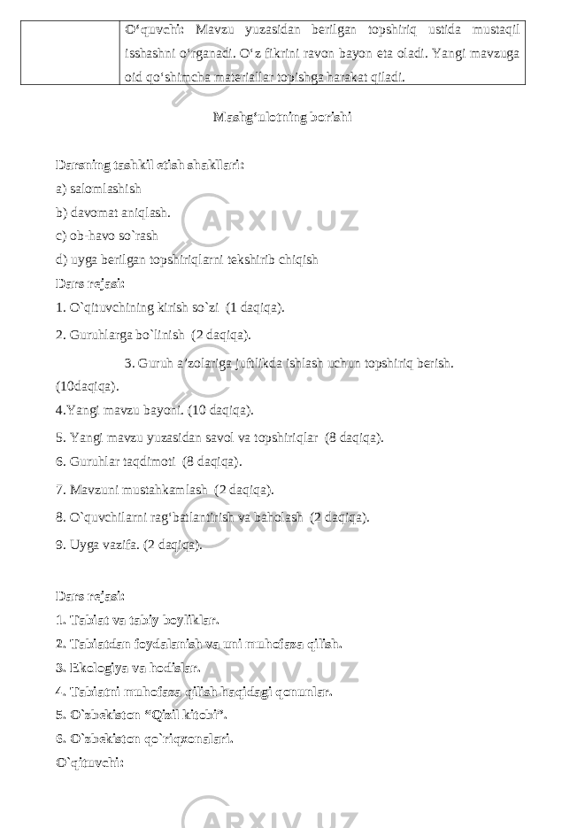 O‘quvchi: Mavzu yuzasidan berilgan topshiriq ustida mustaqil isshashni o‘rganadi. O‘z fikrini ravon bayon eta oladi. Yangi mavzuga oid qo‘shimcha materiallar topishga harakat qiladi. Mashg‘ulotni ng borishi Darsning tashkil etish shakllari: a) salomlashish b) davomat aniqlash. c) ob-havo so`rash d) uyga berilgan topshiriqlarni tekshirib chiqish Dars rejasi: 1. O`qituvchining kirish so`zi (1 daqiqa). 2. Guruhlarga bo`linish (2 daqiqa). 3. Guruh a’zolariga juftlikda ishlash uchun topshiriq berish. (10daqiqa). 4.Yangi mavzu bayoni. (10 daqiqa). 5. Yangi mavzu yuzasidan savol va topshiriqlar (8 daqiqa). 6. Guruhlar taqdimoti (8 daqiqa). 7. Mavzuni mustahkamlash (2 daqiqa). 8. O`quvchilarni rag‘batlantirish va baholash (2 daqiqa). 9. Uyga vazifa. (2 daqiqa). Dars rejasi: 1. Tabiat va tabiy boyliklar. 2. Tabiatdan foydalanish va uni muhofaza qilish. 3. Ekologiya va hodislar. 4. Tabiatni muhofaza qilish haqidagi qonunlar. 5. O`zbekiston “Qizil kitobi”. 6. O`zbekiston qo`riqxonalari. O`qituvchi: 