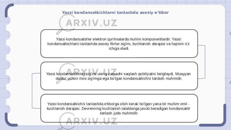 Yassi kondansatkichlarni tanlashda asosiy e&#39;tibor Yassi kondansatörler elektron qurilmalarda muhim komponentlardir. Yassi kondansatkichlarni tanlashda asosiy fikrlar sig&#39;im, kuchlanish darajasi va hajmini o&#39;z ichiga oladi. Yassi kondansatörning sig&#39;imi uning zaryadni saqlash qobiliyatini belgilaydi. Muayyan dastur uchun mos sig&#39;imga ega bo&#39;lgan kondansatkichni tanlash muhimdir. Yassi kondansatkichni tanlashda e&#39;tiborga olish kerak bo&#39;lgan yana bir muhim omil - kuchlanish darajasi. Devrenning kuchlanish talablariga javob beradigan kondansatör tanlash juda muhimdir. 