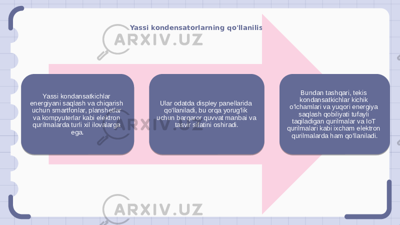 Yassi kondensatorlarning qo&#39;llanilishi Yassi kondansatkichlar energiyani saqlash va chiqarish uchun smartfonlar, planshetlar va kompyuterlar kabi elektron qurilmalarda turli xil ilovalarga ega. Ular odatda displey panellarida qo&#39;llaniladi, bu orqa yorug&#39;lik uchun barqaror quvvat manbai va tasvir sifatini oshiradi. Bundan tashqari, tekis kondansatkichlar kichik o&#39;lchamlari va yuqori energiya saqlash qobiliyati tufayli taqiladigan qurilmalar va IoT qurilmalari kabi ixcham elektron qurilmalarda ham qo&#39;llaniladi. 