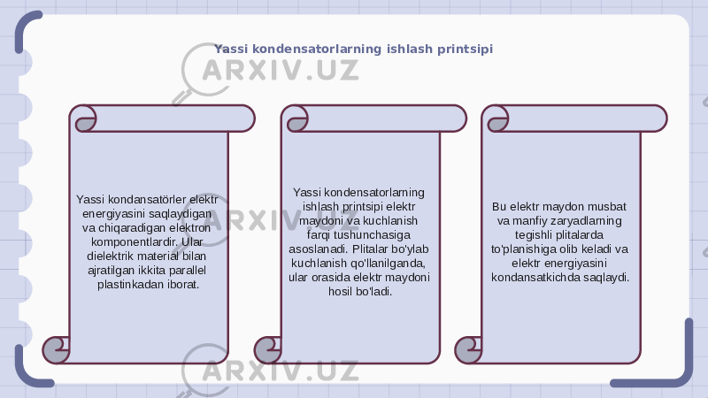 Yassi kondensatorlarning ishlash printsipi Yassi kondansatörler elektr energiyasini saqlaydigan va chiqaradigan elektron komponentlardir. Ular dielektrik material bilan ajratilgan ikkita parallel plastinkadan iborat. Yassi kondensatorlarning ishlash printsipi elektr maydoni va kuchlanish farqi tushunchasiga asoslanadi. Plitalar bo&#39;ylab kuchlanish qo&#39;llanilganda, ular orasida elektr maydoni hosil bo&#39;ladi. Bu elektr maydon musbat va manfiy zaryadlarning tegishli plitalarda to&#39;planishiga olib keladi va elektr energiyasini kondansatkichda saqlaydi. 