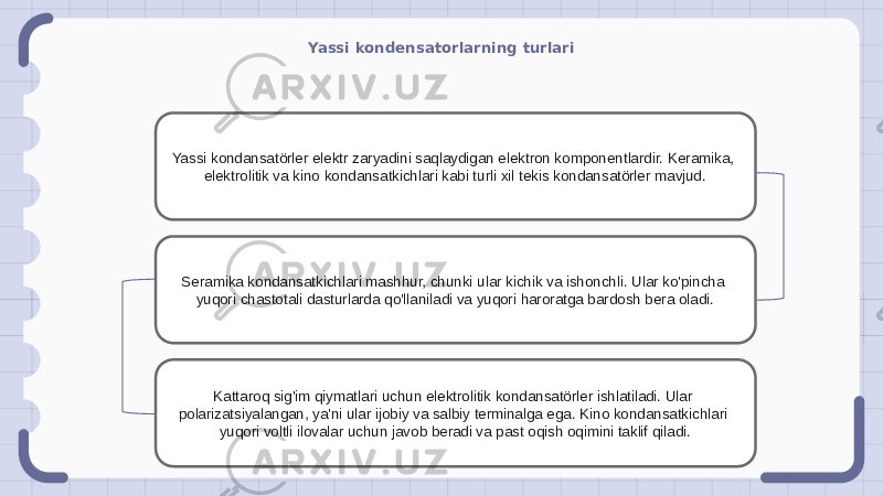 Yassi kondensatorlarning turlari Yassi kondansatörler elektr zaryadini saqlaydigan elektron komponentlardir. Keramika, elektrolitik va kino kondansatkichlari kabi turli xil tekis kondansatörler mavjud. Seramika kondansatkichlari mashhur, chunki ular kichik va ishonchli. Ular ko&#39;pincha yuqori chastotali dasturlarda qo&#39;llaniladi va yuqori haroratga bardosh bera oladi. Kattaroq sig&#39;im qiymatlari uchun elektrolitik kondansatörler ishlatiladi. Ular polarizatsiyalangan, ya&#39;ni ular ijobiy va salbiy terminalga ega. Kino kondansatkichlari yuqori voltli ilovalar uchun javob beradi va past oqish oqimini taklif qiladi. 