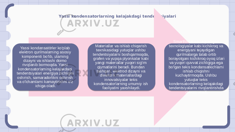 Yassi kondensatorlarning kelajakdagi tendentsiyalari Yassi kondansatörler ko&#39;plab elektron qurilmalarning asosiy komponenti bo&#39;lib, ularning dizayni va ishlashi doimo rivojlanib bormoqda. Yassi kondensatorlarning kelajakdagi tendentsiyalari energiya zichligini oshirish, samaradorlikni oshirish va o&#39;lchamlarni kamaytirishni o&#39;z ichiga oladi. Materiallar va ishlab chiqarish texnikasidagi yutuqlar ushbu tendentsiyalarni boshqarmoqda, grafen va yupqa plyonkalar kabi yangi materiallar yuqori sig&#39;im qiymatlarini beradi. Bundan tashqari, elektrod dizayni va dielektrik materiallardagi innovatsiyalar tekis kondensatorlarning umumiy ish faoliyatini yaxshilaydi. Smartfonlar va taqiladigan texnologiyalar kabi kichikroq va energiyani tejaydigan qurilmalarga talab ortib borayotgani kichikroq oyoq izlari va yuqori quvvat zichligiga ega bo&#39;lgan tekis kondansatkichlarni ishlab chiqishni kuchaytirmoqda. Ushbu yutuqlar tekis kondensatorlarning kelajakdagi tendentsiyalarini rivojlantirishda davom etadi. 