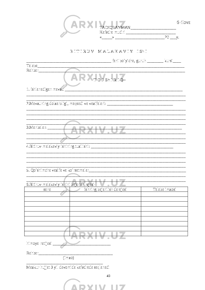 6-ilova TADIQLAYMAN______________________ Kaf е dra mudiri ________________________ «_____» ________________________20 ___y. B I T I R U V M A L A K A V I Y I Sh I _________________________________________ fani bo`yicha, guruh ________ kursi____ Talaba_______________________________________________________________________ Rahbar_______________________________________________________________________ T O P Sh I R I Q 1. Ishlanadigan mavzu _________________________________________________________ _____________________________________________________________________________ _____________________________________________________________________________ 2.Mavzuning dolzarbligi, maqsadi va vazifalari: ________________________________ _____________________________________________________________________________ _____________________________________________________________________________ _____________________________________________________________________________ _____________________________________________________________________________ 3.Manbalar: _________________________________________________________________ _____________________________________________________________________________ _____________________________________________________________________________ _____________________________________________________________________________ 4.Bitiruv-malakaviy ishining tuzilishi : ________________________________________ _____________________________________________________________________________ _____________________________________________________________________________ _____________________________________________________________________________ _____________________________________________________________________________ 5. Qo`shimcha vazifa va ko`rsatmalar_______________________________________________ _____________________________________________________________________________ _____________________________________________________________________________ 6.Bitiruv-malakaviy ishini bajarish rеjasi : sana Ishning bajarilish darajasi Talaba imzosi himoya natijasi ____________________________ Rahbar____________________________________ (imzo) _____________________________________ Mazkur hujjat 3 yil davomida kaf е drada saqlanadi 49 
