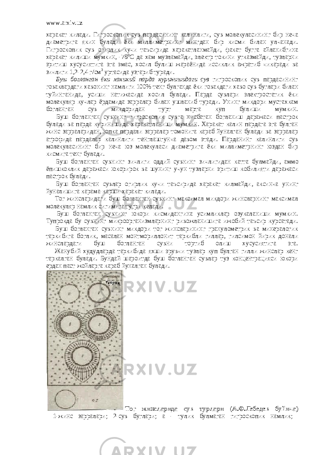 www.arxiv.uz харакат килади. Гигроскопик сув пардасининг калинлиги, сув молекуласининг бир неча диаметрига якин булади ёки миллиметрнинг мингдан бир кисми билан улчанади. Гигроскопик сув огирлик кучи таъсирида харакатланмайди, факат бугга айланибгина харакат килиши мумкин, -78 0 С да хам музламайди, электр токини утказмайди, тузларни эритиш хусусиятига эга эмас, хосил булиш жараёнида иссиклик ажратиб чикаради ва зичлиги 1,2-2,4 г/см 3 уртасида узгариб туради.         Буш богланган ёки хакикий парда куринишидаги сув гигроскопик сув пардасининг говаклардаги хавонинг намлиги 100% тенг булганда ёки говакдаги хаво сув буглари билан туйинганида , усиши натижасида хосил булади . Парда сувлари электростатик ёки молекуляр кучлар ёрдамида зарралар билан ушланиб туради. Унинг микдори мустахкам богланган сув микдоридан турт марта куп булиши мумкин.         Буш богланган сувнинг гигроскопик сувга нисбатан богланиш даражаси пастрок булади ва парда куринишида харакатланиши мумкин. Харакат калин пардага эга булган жинс зарраларидан, юпка пардали зарралар томонига караб йуналган булади ва зарралар атрофида пардалар калинлиги тенглашгунча давом этади. Парданинг калинлиги сув молекуласининг бир неча юз молекуласи диаметрига ёки миллиметрнинг юздан бир кисмига тенг булади.         Буш богланган сувнинг зичлиги оддий сувнинг зичлигидан катта булмайди , аммо ёпишкоклик даражаси юкорирок ва шунинг учун тузларни эритиш кобилияти даражаси пастрок булади .         Буш богланган сувлар огирлик кучи таъсирида харакат килмайди , аксинча унинг йуналишига карама - карши харакат килади .         Тог жинсларидаги буш богланган сувнинг максимал микдори жинсларнинг максимал молекуляр намлик сигимига тугри келади.         Буш богланган сувнинг юкори кисмидангина усимликлар озукаланиши мумкин. Тупрокда бу сувнинг микроорганизмларнинг ривожланишига ижобий таъсир курсатади.         Буш богланган сувнинг микдори тог жинсларининг гранулометрик ва минералогик таркибига боглик, масалан монтмориллонит таркибли гиллар, гилсимон йирик донали жинслардаги буш богланган сувни тортиб олиш хусусиятига эга.         Жанубий худудларда таркибида яхши эрувчи тузлар куп булган гилли жинслар кенг таркалган булади. Бундай шароитда буш богланган сувлар туз концентрацияси юкори ердан паст жойларга караб йуналган булади.   Тог жинсларида сув турлари (А.Ф.Лебедев буйича)   1-жинс зарралари; 2-сув буглари; а - тулик булмаган гигроскопик намлик; 