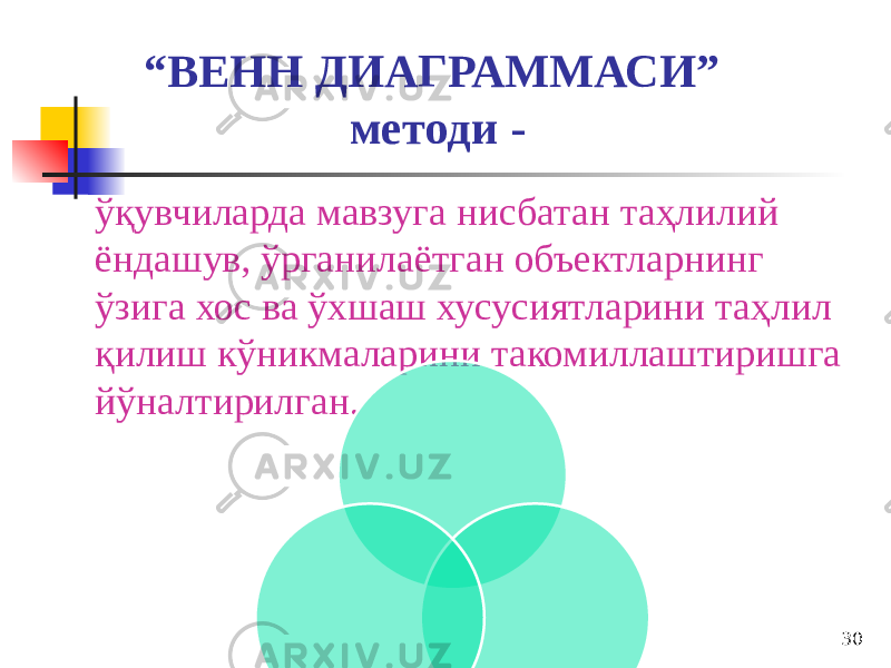 30“ ВЕНН ДИАГРАММАСИ” методи - ўқувчиларда мавзуга нисбатан таҳлилий ёндашув, ўрганилаётган объектларнинг ўзига хос ва ўхшаш хусусиятларини таҳлил қилиш кўникмаларини такомиллаштиришга йўналтирилган. 