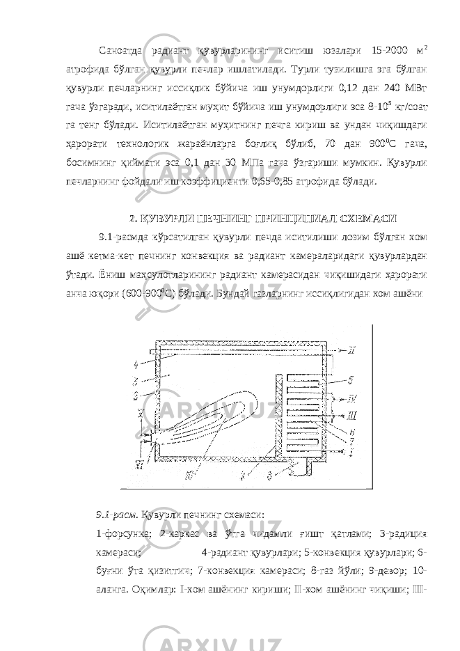 Саноатда радиант қувурларининг иситиш юзалари 15-2000 м 2 атрофида бўлган қувурли печлар ишлатилади. Турли тузилишга эга бўлган қувурли печларнинг иссиқлик бўйича иш унумдорлиги 0,12 дан 240 МВт гача ўзгаради, иситилаётган муҳит бўйича иш унумдорлиги эса 8-10 5 кг/соат га тенг бўлади. Иситилаётган муҳитнинг печга кириш ва ундан чиқишдаги ҳарорати технологик жараёнларга боғлиқ бўлиб, 70 дан 900 0 С гача, босимнинг қиймати эса 0,1 дан 30 МПа гача ўзгариши мумкин. Қувурли печларнинг фойдали иш коэффициенти 0,65-0,85 атрофида бўлади. 2. ҚУВУРЛИ ПЕЧНИНГ ПРИНЦИПИАЛ СХЕМАСИ 9.1-расмда кўрсатилган қувурли печда иситилиши лозим бўлган хом ашё кетма-кет печнинг конвекция ва радиант камераларидаги қувурлардан ўтади. Ёниш маҳсулотларининг радиант камерасидан чиқишидаги ҳарорати анча юқори (600-900 0 С) бўлади. Бундай газларнинг иссиқлигидан хом ашёни 9.1-расм . Қувурли печнинг схемаси: 1-форсунка; 2-каркас ва ўтга чидамли ғишт қатлами; 3-радиция камераси; 4-радиант қувурлари; 5-конвекция қувурлари; 6- буғни ўта қизитгич; 7-конвекция камераси; 8-газ йўли; 9-девор; 10- аланга. Оқимлар: I-хом ашёнинг кириши; II-хом ашёнинг чиқиши; III- 