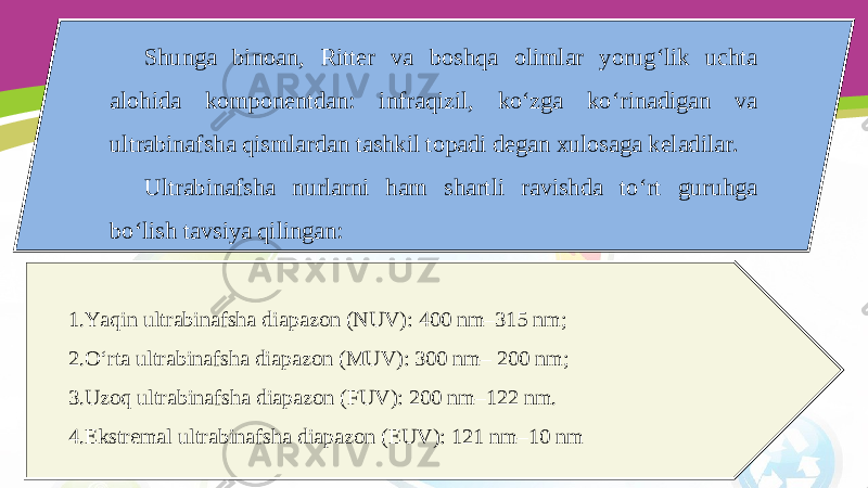 Shunga binoan, Ritter va boshqa olimlar yorug‘lik uchta alohida komponentdan: infraqizil, ko‘zga ko‘rinadigan va ultrabinafsha qismlardan tashkil topadi degan xulosaga keladilar. Ultrabinafsha nurlarni ham shartli ravishda to‘rt guruhga bo‘lish tavsiya qilingan: 1. Yaqin ultrabinafsha diapazon (NUV): 400 nm–315 nm; 2. O‘rta ultrabinafsha diapazon (MUV): 300 nm– 200 nm; 3. Uzoq ultrabinafsha diapazon (FUV): 200 nm–122 nm. 4. Ekstremal ultrabinafsha diapazon (EUV): 121 nm–10 nm 