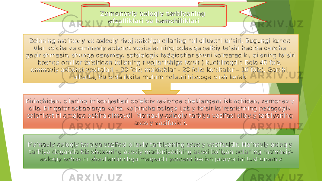 Bolaning ma’naviy va axloqiy rivojlanishiga oilaning hal qiluvchi ta’siri. Bugungi kunda ular ko’cha va ommaviy axborot vositalarining bolasiga salbiy ta’siri haqida qancha gapirishmasin, shunga qaramay, sotsiologik tadqiqotlar shuni ko’rsatadiki, oilaning ta’siri boshqa omillar ta’siridan (oilaning rivojlanishiga ta’siri) kuchliroqdir. Bola 40 foiz; ommaviy axborot vositalari – 30 foiz; maktablar – 20 foiz; ko’chalar – 10 foiz). Garchi, albatta, bu erda ikkita muhim holatni hisobga olish kerak: Birinchidan, oilaning imkoniyatlari ob’ektiv ravishda cheklangan; ikkinchidan, zamonaviy oila, bir qator sabablarga ko’ra, ko’pincha bolaga ijobiy ta’sir ko’rsatishning pedagogik salohiyatini amalga oshira olmaydi. Ma’naviy-axloqiy tarbiya vazifasi oilaviy tarbiyaning asosiy vazifasidir. Ma’naviy-axloqiy tarbiya vazifasi oilaviy tarbiyaning asosiy vazifasidir. Ma’naviy-axloqiy tarbiya deganda biz shaxsning asosiy madaniyatining asosi bo’lgan bolaning ma’naviy- axloqiy sohasini shakllantirishga maqsadli yordam berish jarayonini tushunamiz Zamonaviy axloqiy tarbiyaning afzalliklari va kamchiliklari 