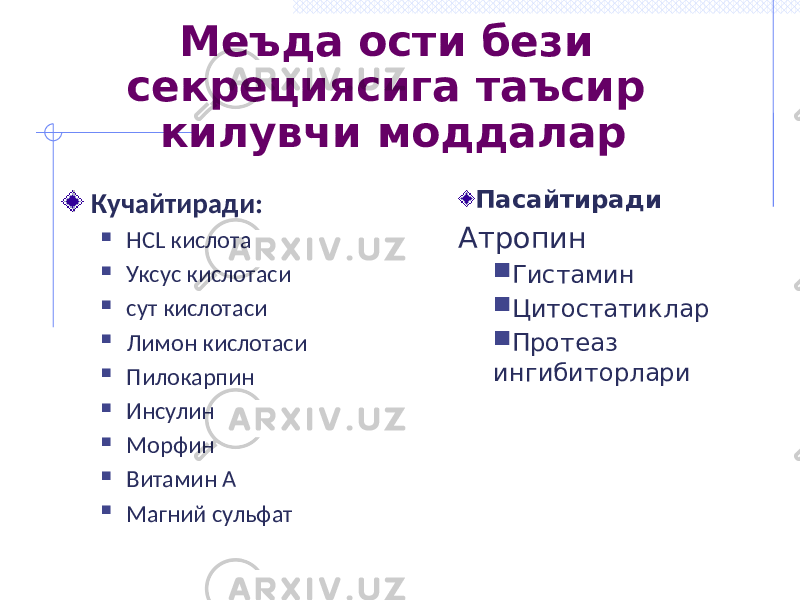 Меъда ости бези секрециясига таъсир килувчи моддалар Кучайтиради:  HCL кислота  Уксус кислотаси  сут кислотаси  Лимон кислотаси  Пилокарпин  Инсулин  Морфин  Витамин А  Магний сульфат Пасайтиради Атропин  Гистамин  Цитостатиклар  Протеаз ингибиторлари 