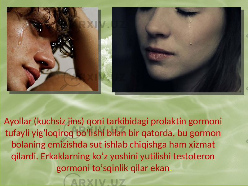 Аyollar (kuchsiz jins) qoni tarkibidagi prolaktin gormoni tufayli yigʼloqiroq boʼlishi bilan bir qatorda, bu gormon bolaning emizishda sut ishlab chiqishga ham xizmat qilardi. Erkaklarning koʼz yoshini yutilishi testoteron gormoni toʼsqinlik qilar ekan . 