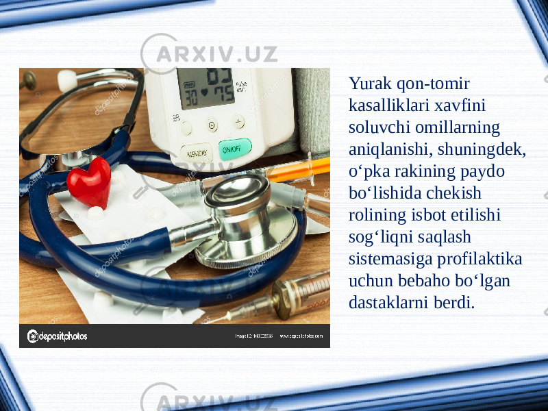 Yurak qon-tomir kasalliklari xavfini soluvchi omillarning aniqlanishi, shuningdek, o‘pka rakining paydo bo‘lishida chekish rolining isbot etilishi sog‘liqni saqlash sistemasiga profilaktika uchun bebaho bo‘lgan dastaklarni berdi. 