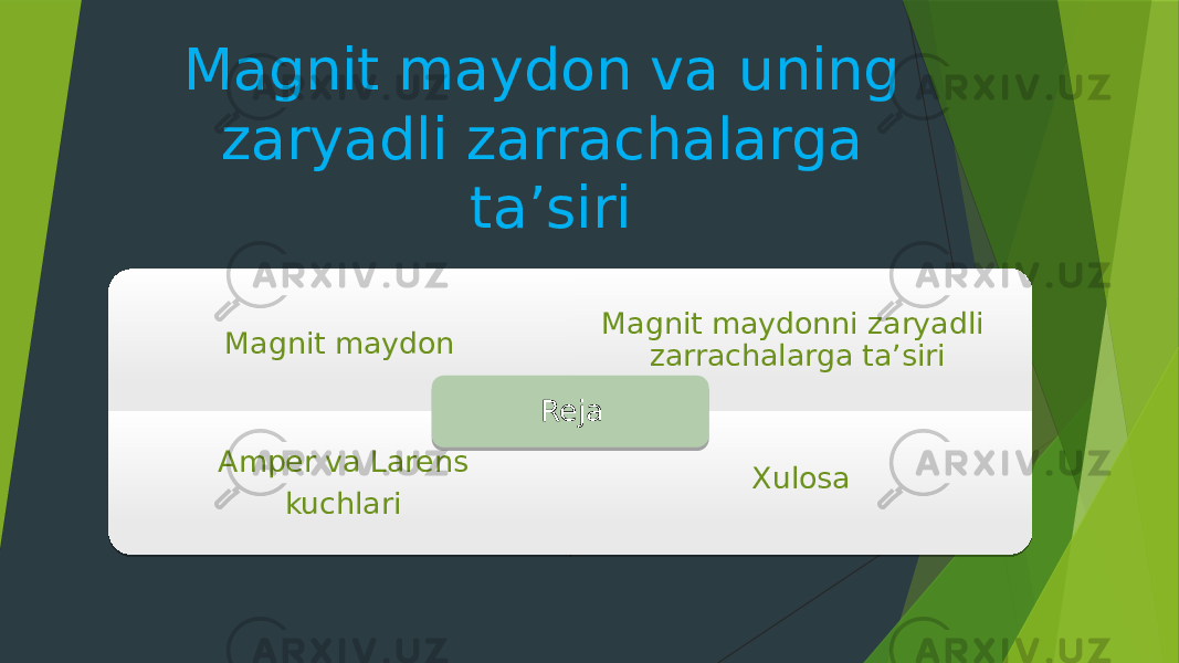 Magnit maydon va uning zaryadli zarrachalarga ta’siri Magnit maydon Magnit maydonni zaryadli zarrachalarga ta’siri Amper va Larens kuchlari XulosaReja 0102 0102 0E02 15 19 1A 1B 