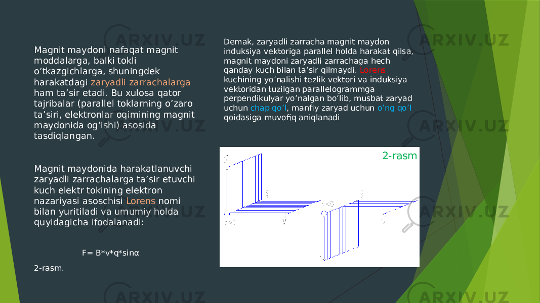 Demak, zaryadli zarracha magnit maydon induksiya vektoriga parallel holda harakat qilsa, magnit maydoni zaryadli zarrachaga hech qanday kuch bilan ta’sir qilmaydi. Lorens kuchining yo’nalishi tezlik vektori va induksiya vektoridan tuzilgan parallelogrammga perpendikulyar yo’nalgan bo’lib, musbat zaryad uchun chap qo’l , manfiy zaryad uchun o’ng qo’l qoidasiga muvofiq aniqlanadiMagnit maydoni nafaqat magnit moddalarga, balki tokli o’tkazgichlarga, shuningdek harakatdagi zaryadli zarrachalarga ham ta’sir etadi. Bu xulosa qator tajribalar (parallel toklarning o’zaro ta’siri, elektronlar oqimining magnit maydonida og’ishi) asosida tasdiqlangan. Magnit maydonida harakatlanuvchi zaryadli zarrachalarga ta’sir etuvchi kuch elektr tokining elektron nazariyasi asoschisi Lorens nomi bilan yuritiladi va umumiy holda quyidagicha ifodalanadi: F= B*v*q*sinα 2-rasm. 2-rasm 