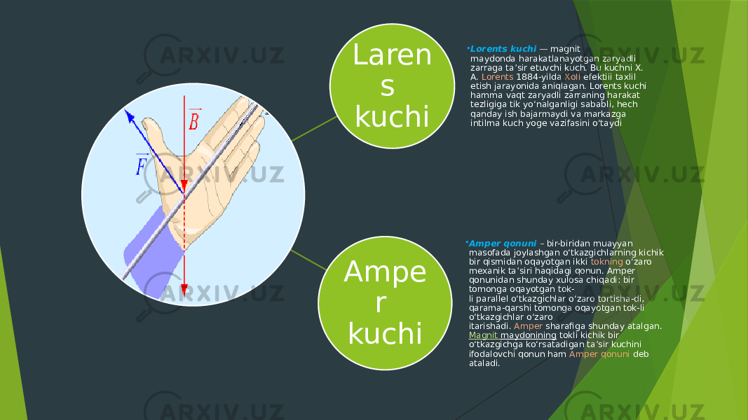 Laren s kuchi • Lorents kuchi  — magnit maydonda harakatlanayotgan zaryadli zarraga taʼsir etuvchi kuch. Bu kuchni X. A. Lorents  1884-yilda Xoll efektiii taxlil etish jarayonida aniqlagan. Lorents kuchi hamma vaqt zaryadli zarraning harakat tezligiga tik yoʻnalganligi sababli, hech qanday ish bajarmaydi va markazga intilma kuch yoge vazifasini oʻtaydi Ampe r kuchi • Amper qonuni  – bir-biridan muayyan masofada joylashgan oʻtkazgichlarning kichik bir qismidan oqayotgan ikki  tokning  oʻzaro mexanik ta’siri haqidagi qonun. Amper qonunidan shunday xulosa chiqadi: bir tomonga oqayotgan tok- li parallel oʻtkazgichlar oʻzaro tortisha-di, qarama-qarshi tomonga oqayotgan tok-li oʻtkazgichlar oʻzaro itarishadi.  Amper  sharafiga shunday atalgan.  Magnit maydonining  tokli kichik bir oʻtkazgichga koʻrsatadigan ta’sir kuchini ifodalovchi qonun ham Amper qonuni deb ataladi. 