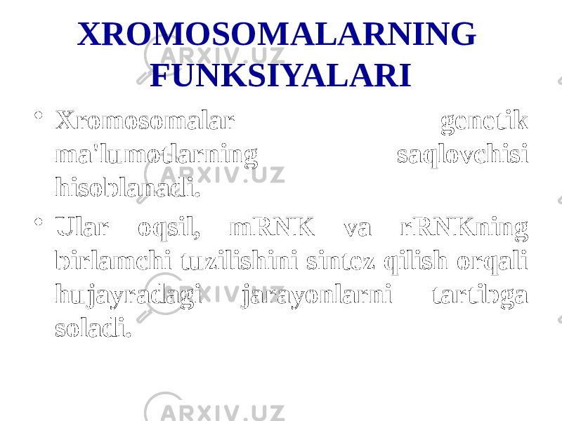 XROMOSOMALARNING FUNKSIYALARI • Xromosomalar genetik ma&#39;lumotlarning saqlovchisi hisoblanadi. • Ular oqsil, mRNK va rRNKning birlamchi tuzilishini sintez qilish orqali hujayradagi jarayonlarni tartibga soladi. 