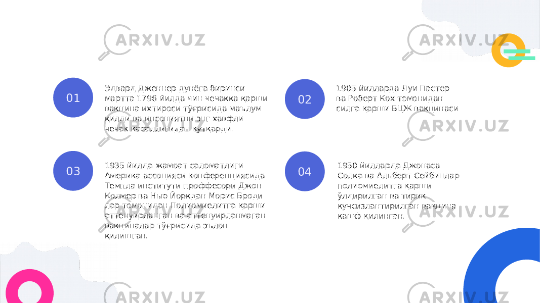 01 02 1905 йилларда Луи Пастер ва Роберт Кох томонидан силга қарши БЦЖ вакцинаси 03 Эдвард Дженнер дунёга биринси мартта 1796 йилда чин чечакка қарши вакцина ихтироси тўғрисида маълум қилди ва инсониятни энг хавфли чечак касаллигидан қутқарди. 1935 йилда жамоат саломатлиги Америка ассоцияси конференциясида Темпла институти проффесори Джон Колмер ва Нью Йоркдан Морис Броди лар томонидан Полиомиелитга қарши аттенуирланган ва аттенуирланмаган вакциналар тўғрисида эълон қилишган. 1950 йилларда Джонаса Солка ва Альберт Сейбинлар полиомиелитга қарши ўлдирилган ва тирик кучсизлантирилган вакцина кашф қилинган.04 