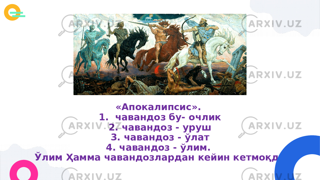 «Апокалипсис». 1. чавандоз бу- очлик 2. чавандоз - уруш 3. чавандоз - ўлат 4. чавандоз - ўлим. Ўлим Ҳамма чавандозлардан кейин кетмоқда 