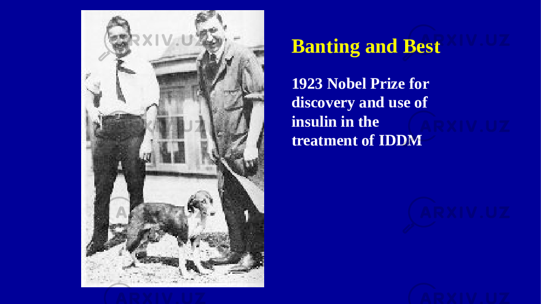 Banting and Best 1923 Nobel Prize for discovery and use of insulin in the treatment of IDDM 