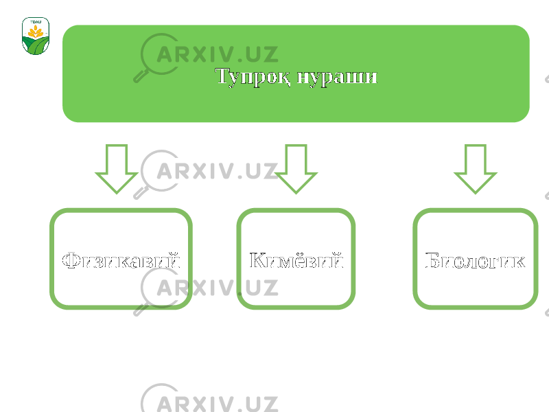 Тупроқ нураши Физикавий Кимёвий Биологик 