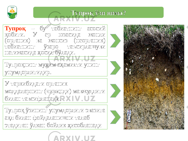 Тупроқ ўзи нима? Тупроқ – бу табиатнинг асосий қобиғи. У ер юзасида жонли (органик) ва жонсиз (неорганик) табиатнинг ўзаро таъсирлашуви натижасида ҳосил бўлади. Тупроқнинг муҳим аҳамияти унинг унумдорлигидир. У таркибидаги органик моддаларнинг (чиринди) мавжудлиги билан тавсифланади. Тупроқ ўзининг унумдорлиги эвазига ақл билан фойдаланишни талаб этадиган ўлкан бойлик ҳисобланади 