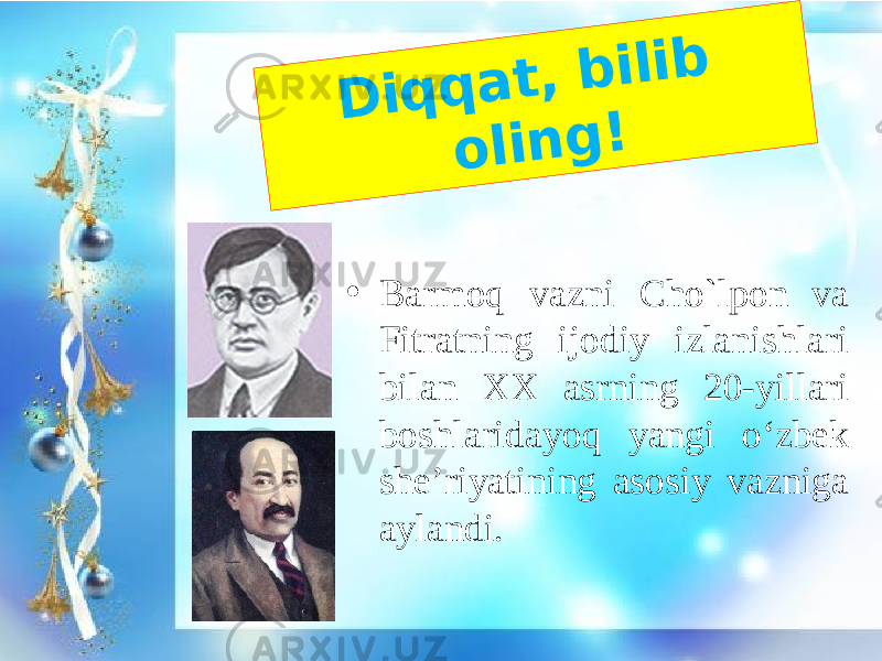 D i q q a t , b i l i b o l i n g !• Barmoq vazni Cho`lpon va Fitratning ijodiy izlanishlari bilan XX asrning 20-yillari boshlaridayoq yangi o‘zbek she’riyatining asosiy vazniga aylandi. 