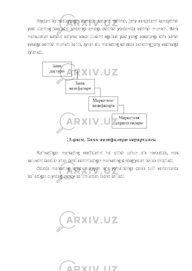 Foydani ko`rsatilayotgan xizmatlar sotuvini oshirish, joriy xarajatlarni kamaytirish yoki ularning ikkalasini birdaniga amalga oshirish yordamida oshirish mumkin. Bank mahsulotlari sotishni ko`proq bozor ulushini egallash yoki yangi bozorlarga kirib borish evaziga oshirish mumkin bo`lib, aynan shu marketing sohasida bankning joriy vazifasiga aylanadi . Ko`rsatilgan marketing vazifalarini hal qilish uchun o`z navbatida, mos keluvchi detallar bilan detallashtiriladigan marketing strategiyalari ishlab chiqiladi. Odatda marketing rejasi muayyan reja yo`nalishiga qarab turli variantlarda bo`ladigan quyidagi asosiy bo`limlardan iborat bo`ladi . 